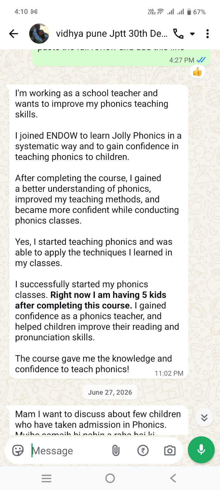 WhatsApp testimonial from Vidhya