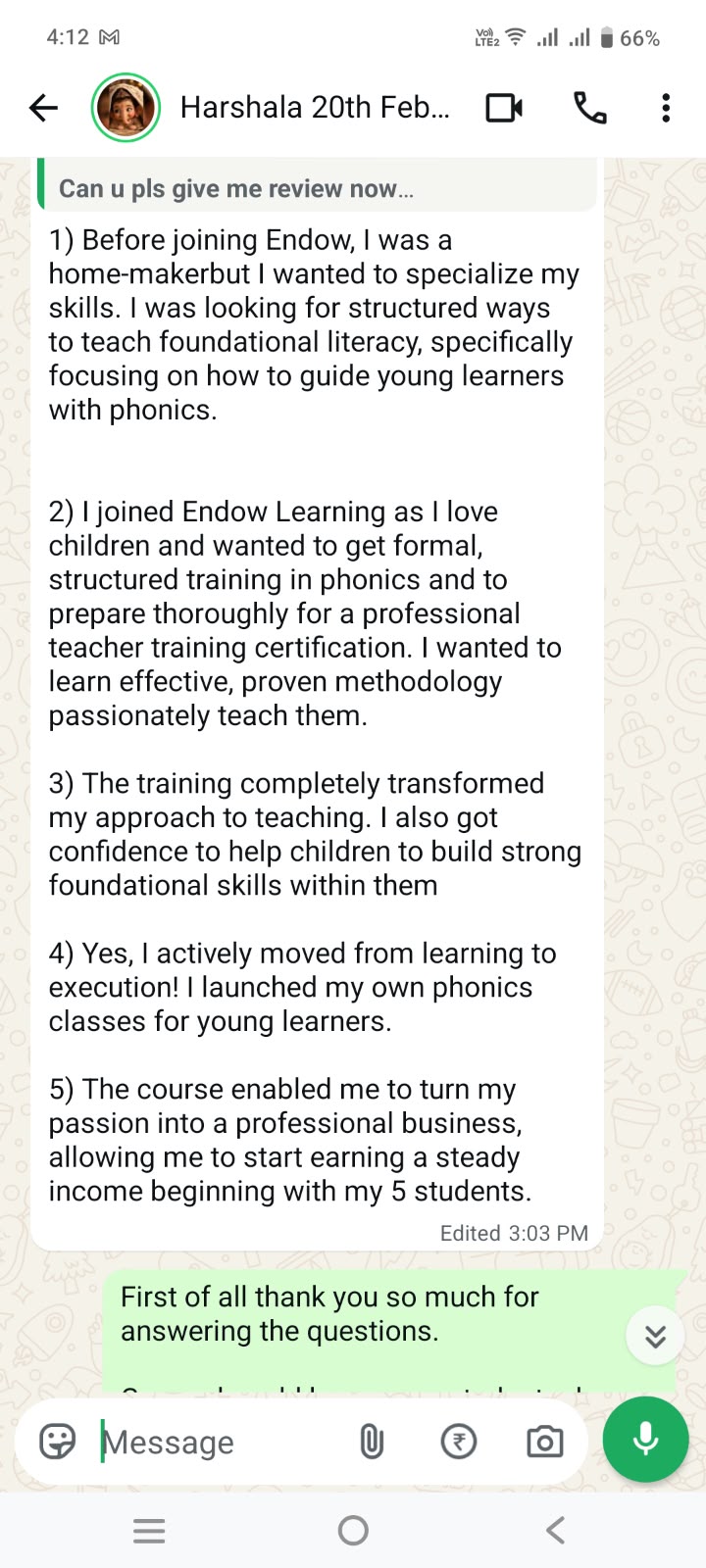 WhatsApp testimonial from Harshala