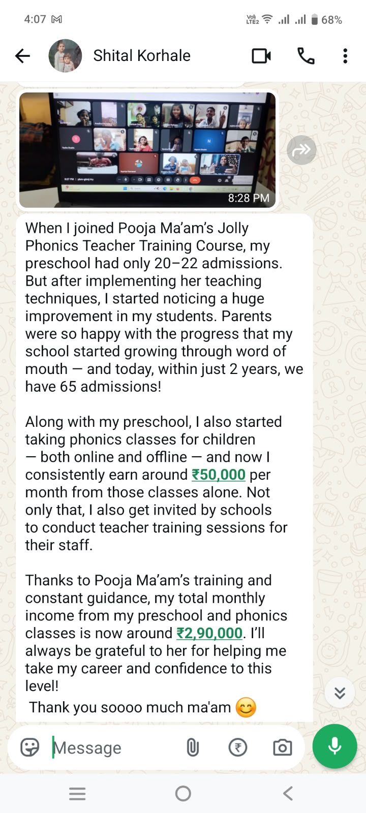WhatsApp testimonial from Shital Korhale