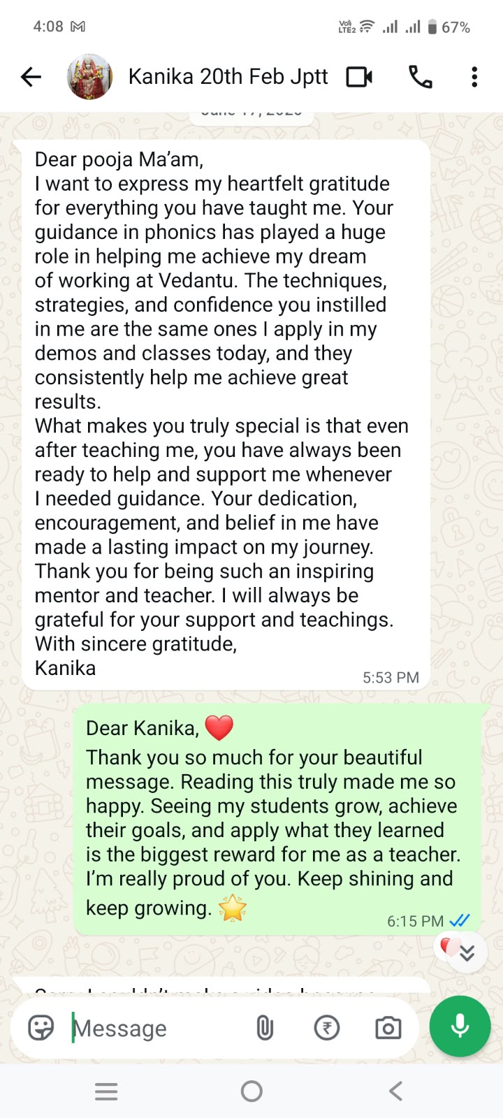 WhatsApp testimonial from Kanika