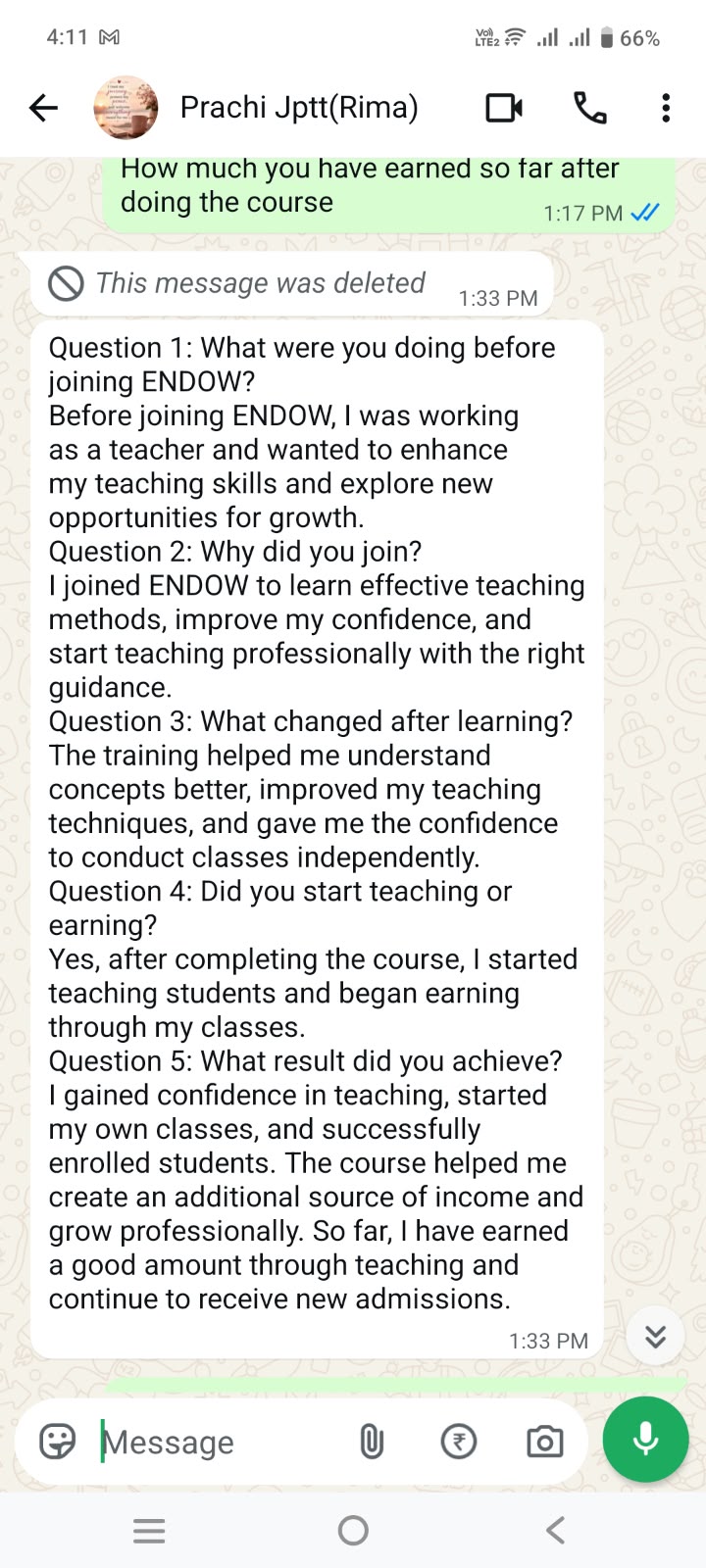 WhatsApp testimonial from Prachi JPTT (Rima)
