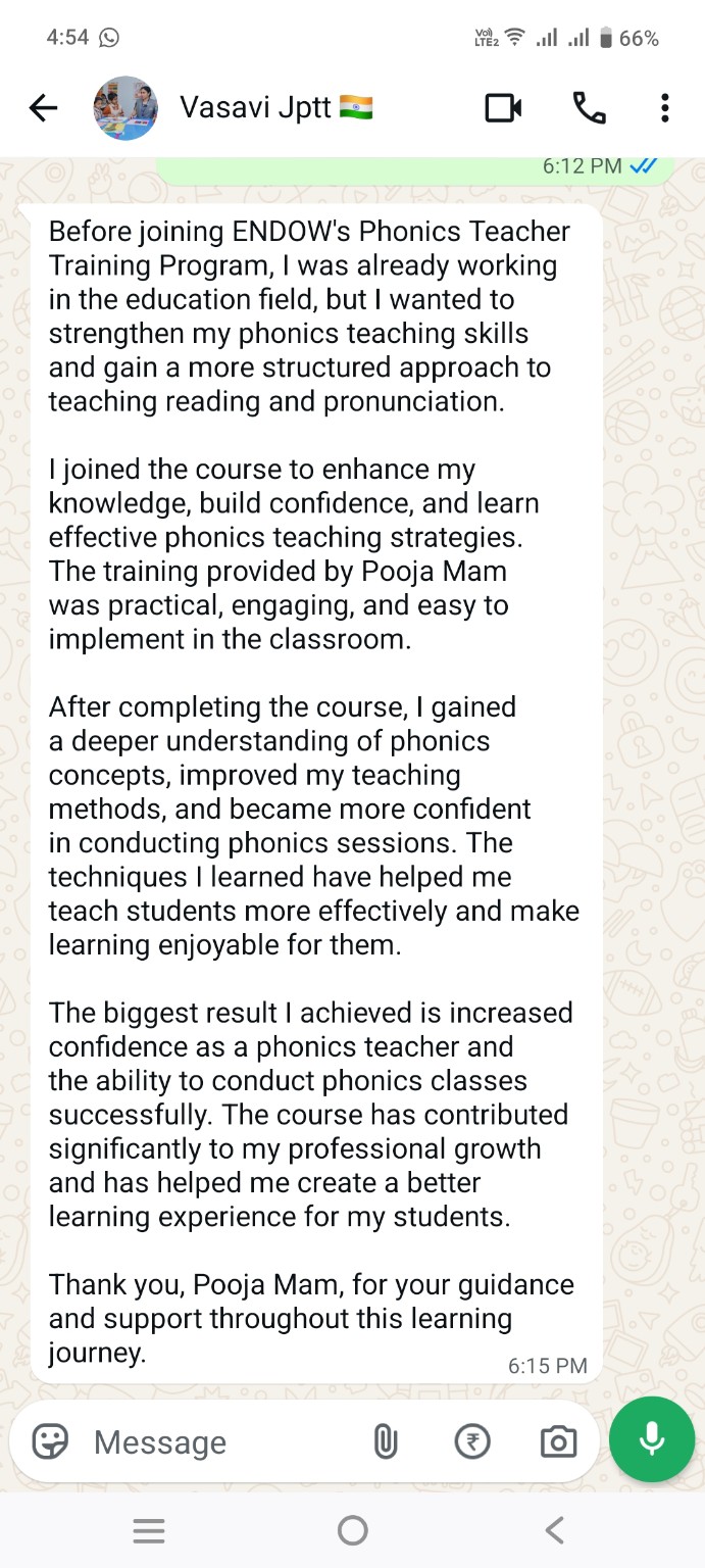 WhatsApp testimonial from Vasavi
